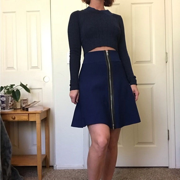 A.L.C. Navy Black Leather Zipper Skater Scuba Flared Skirt - Picture 1 of 11